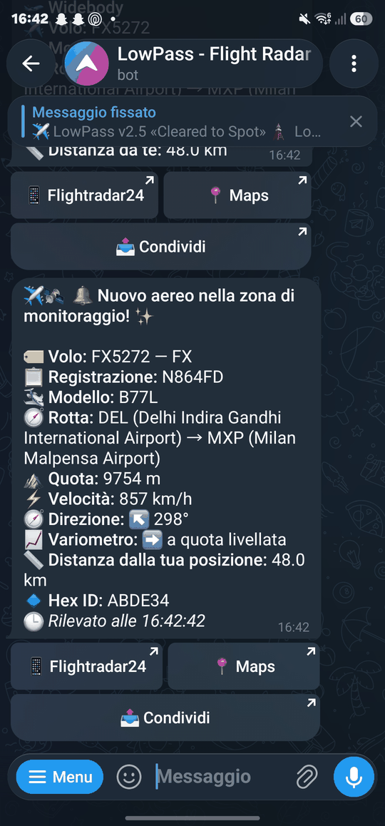 Esempio di alert in tempo reale di LowPass su Telegram
